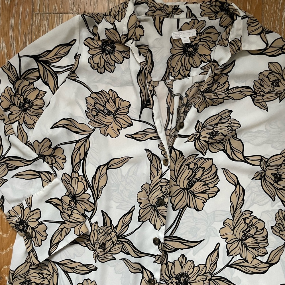 White & Beige Floral long-sleeve Blouse
